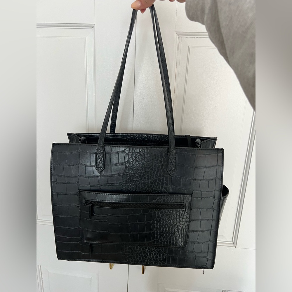 Beis Black Crocodile-Embossed Tote Bag